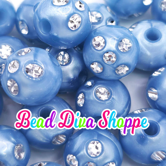 Set of 10 - 16mm - BLUE RHINESTONE PEARL - Acrylic Beads- Bubblegum - Chunky - Round Acrylic Beads for Diy and Jewelry Supplies