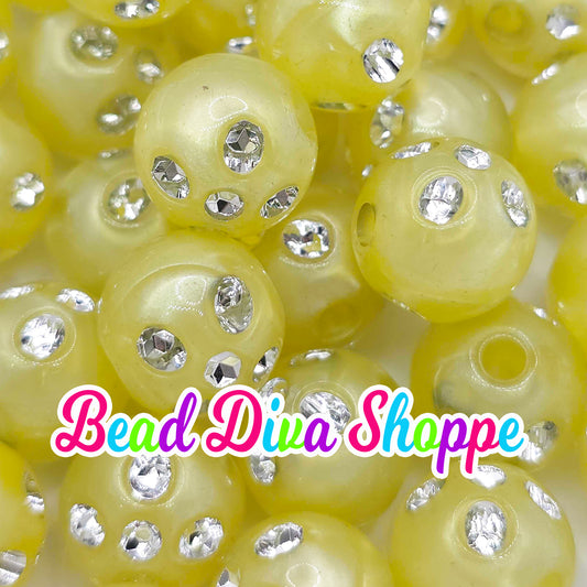 Set of 10 - 16mm - YELLOW RHINESTONE PEARL - Acrylic Beads- Bubblegum - Chunky - Round Acrylic Beads for Diy and Jewelry Supplies