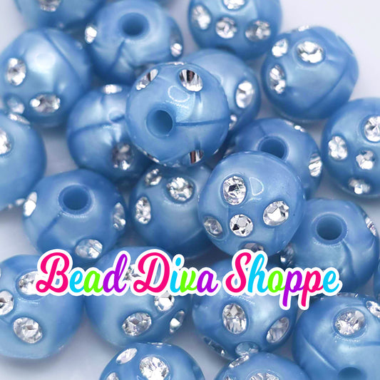 Set of 10 - 12mm - BLUE RHINESTONE PEARL - Acrylic Beads- Bubblegum - Chunky - Round Acrylic Beads for Diy and Jewelry Supplies