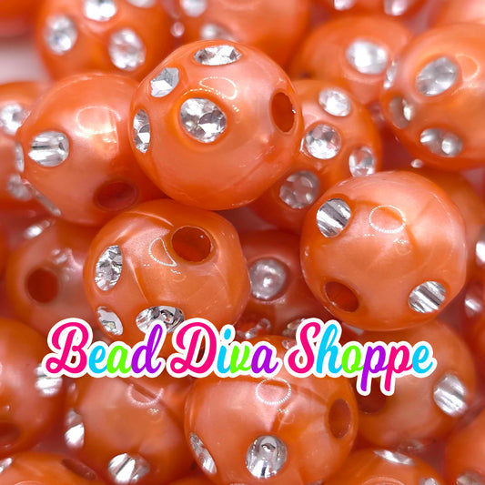 Set of 10 - 16mm - ORANGE RHINESTONE PEARL - Acrylic Beads- Bubblegum - Chunky - Round Acrylic Beads for Diy and Jewelry Supplies
