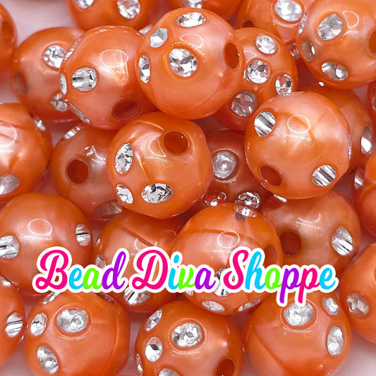 Set of 10 - 12mm - ORANGE RHINESTONE PEARL - Acrylic Beads- Bubblegum - Chunky - Round Acrylic Beads for Diy and Jewelry Supplies