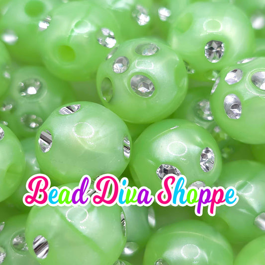 Set of 10 - 16mm - LIME RHINESTONE PEARL - Acrylic Beads- Bubblegum - Chunky - Round Acrylic Beads for Diy and Jewelry Supplies