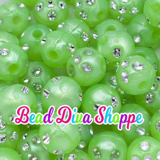 Set of 10 - 12mm - LIME GREEN RHINESTONE PEARL - Acrylic Beads- Bubblegum - Chunky - Round Acrylic Beads for Diy and Jewelry Supplies