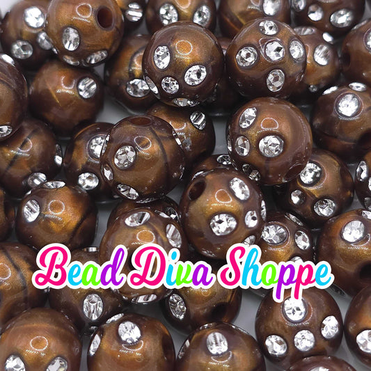 Set of 10 - 12mm - BROWN RHINESTONE PEARL - Acrylic Beads- Bubblegum - Chunky - Round Acrylic Beads for Diy and Jewelry Supplies