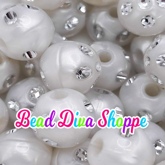 Set of 10 - 16mm - WHITE RHINESTONE PEARL - Acrylic Beads- Bubblegum - Chunky - Round Acrylic Beads for Diy and Jewelry Supplies