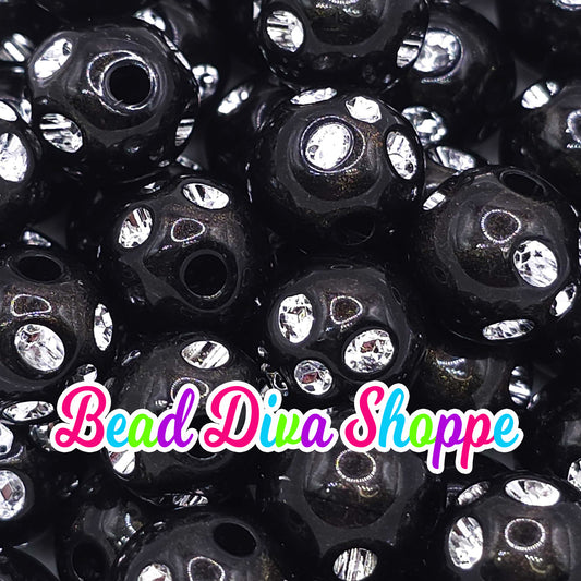 Set of 10 - 16mm - BLACK RHINESTONE  - Acrylic Beads- Bubblegum - Chunky - Round Acrylic Beads for Diy and Jewelry Supplies