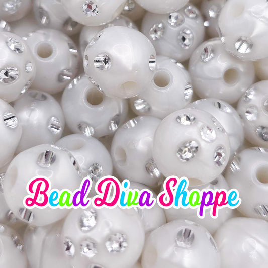 Set of 50 - 12mm - WHITE RHINESTONE PEARL - Acrylic Beads- Bubblegum - Chunky - Round Acrylic Beads for Diy and Jewelry Supplies