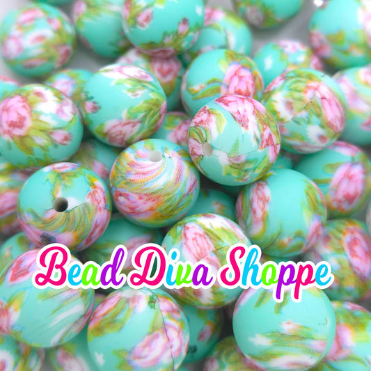 Set of 10 - 15mm - TEAL GREEN ROSES - Round Silicone Beads for Diy and Jewelry Making Supplies