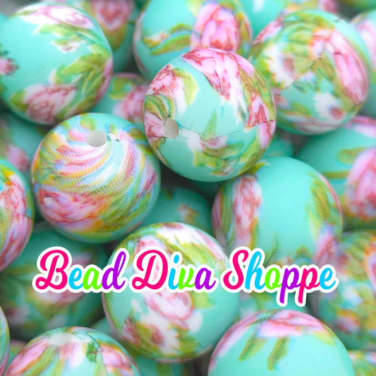 Set of 10 - 15mm - TEAL GREEN ROSES - Round Silicone Beads for Diy and Jewelry Making Supplies
