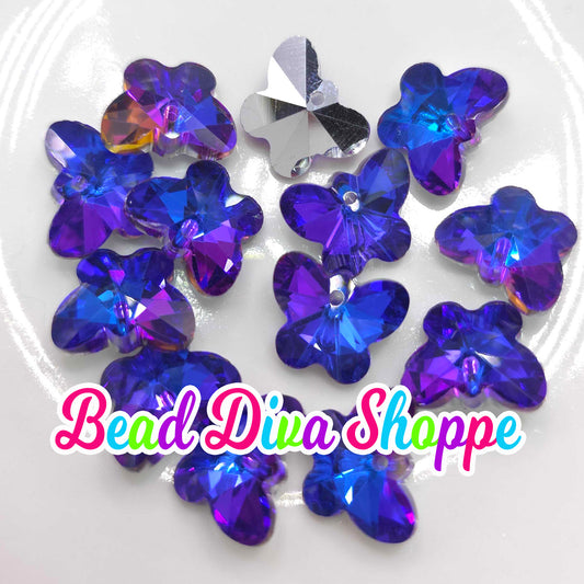14mm - Set of 4 - GLASS BUTTERFLY - Purple / Blue - Charm Beads for Diy and Jewelry Making Supplies