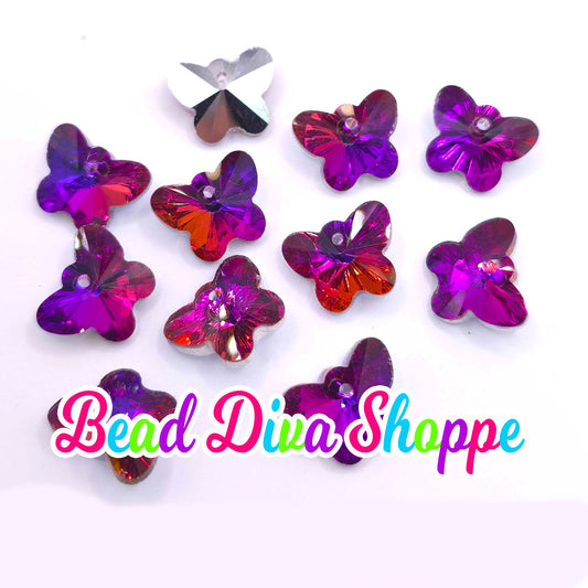 14mm - Set of 4 - GLASS BUTTERFLY - Purple / PINK - Charm Beads for Diy and Jewelry Making Supplies