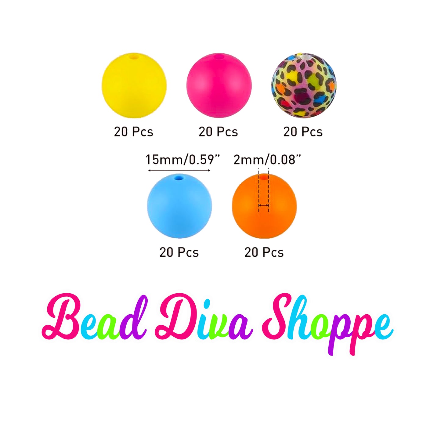 Set of 50 - 15mm - BRIGHT CHEETAH MIX - Silicone Beads - Diy Jewelry Making - Beaded Pens - Keychains - Bracelets