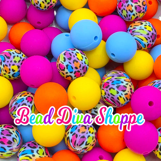 Set of 50 - 15mm - BRIGHT CHEETAH MIX - Silicone Beads - Diy Jewelry Making - Beaded Pens - Keychains - Bracelets