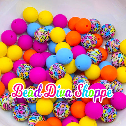 Set of 50 - 15mm - BRIGHT CHEETAH MIX - Silicone Beads - Diy Jewelry Making - Beaded Pens - Keychains - Bracelets