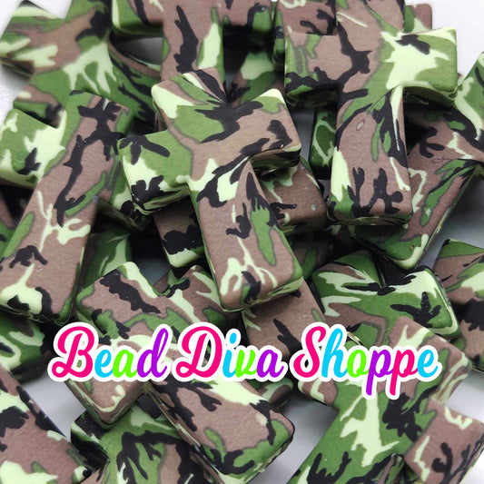 Set of 2 - 29mm X 23mm - CAMO CROSS - Focal  Beads - DIY Jewelry Making - Beaded Pens - Keychains - Bracelets