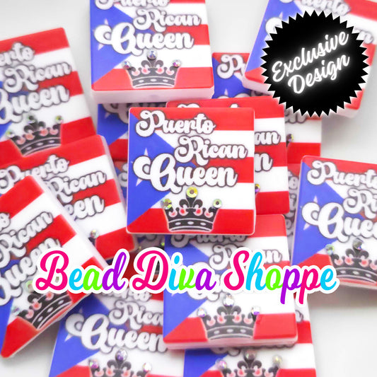 EXCLUSIVE - Set of 2 - 28mmX28mm - PUERTO RICAN QUEEN - Rhinestones - Focal  Beads -  Beaded Pens - Keychains - Bracelets