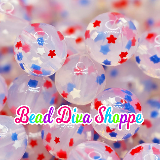 Set of 10 - 15mm - Red White Blue STARS with White Confetti - Solid Jelly Silicone Beads - Diy Jewelry Making - Beaded Pens