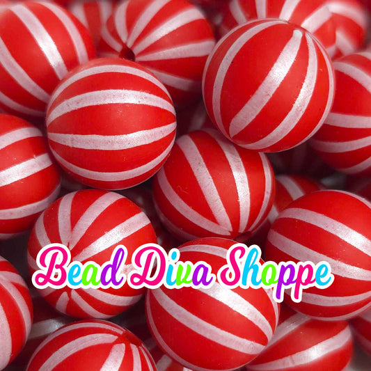 Set of 10 - 15mm - RED PEARL WHITE Stripes - Round Silicone Beads - Diy Jewelry Making - Beaded Pens - Keychains - Bracelets