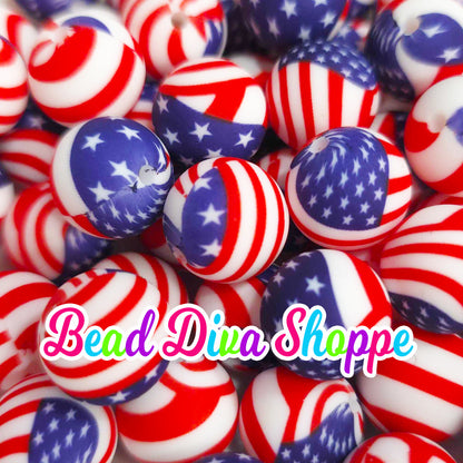 Set of 10 - 15mm - USA FLAG - Round Silicone Beads - Diy Jewelry Making - Beaded Pens - Keychains - Bracelets