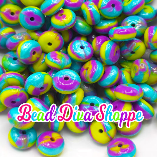 Set of 10 - LIME PURPLE TURQUOISE Tye dye - 14mm Silicone Abacus Beads - Diy Jewelry Making - Beaded Pens - Keychains - Bracelets