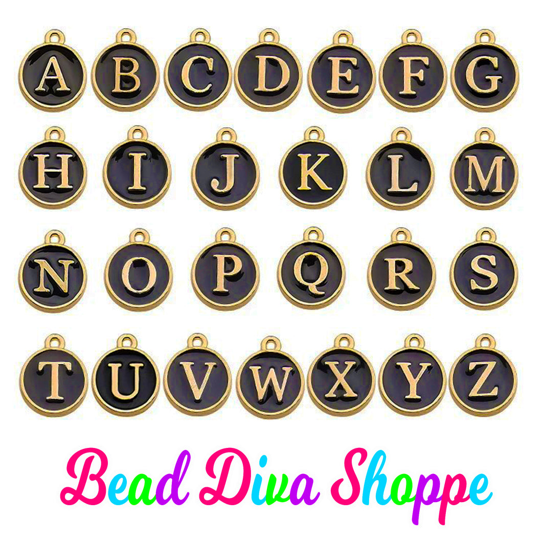 26pcs - FULL ALPHABET - 12mm x 14mm - BLACK Enamel A-Z Letter Charms - Alloy Metal - Diy - Jewelry Making Supplies