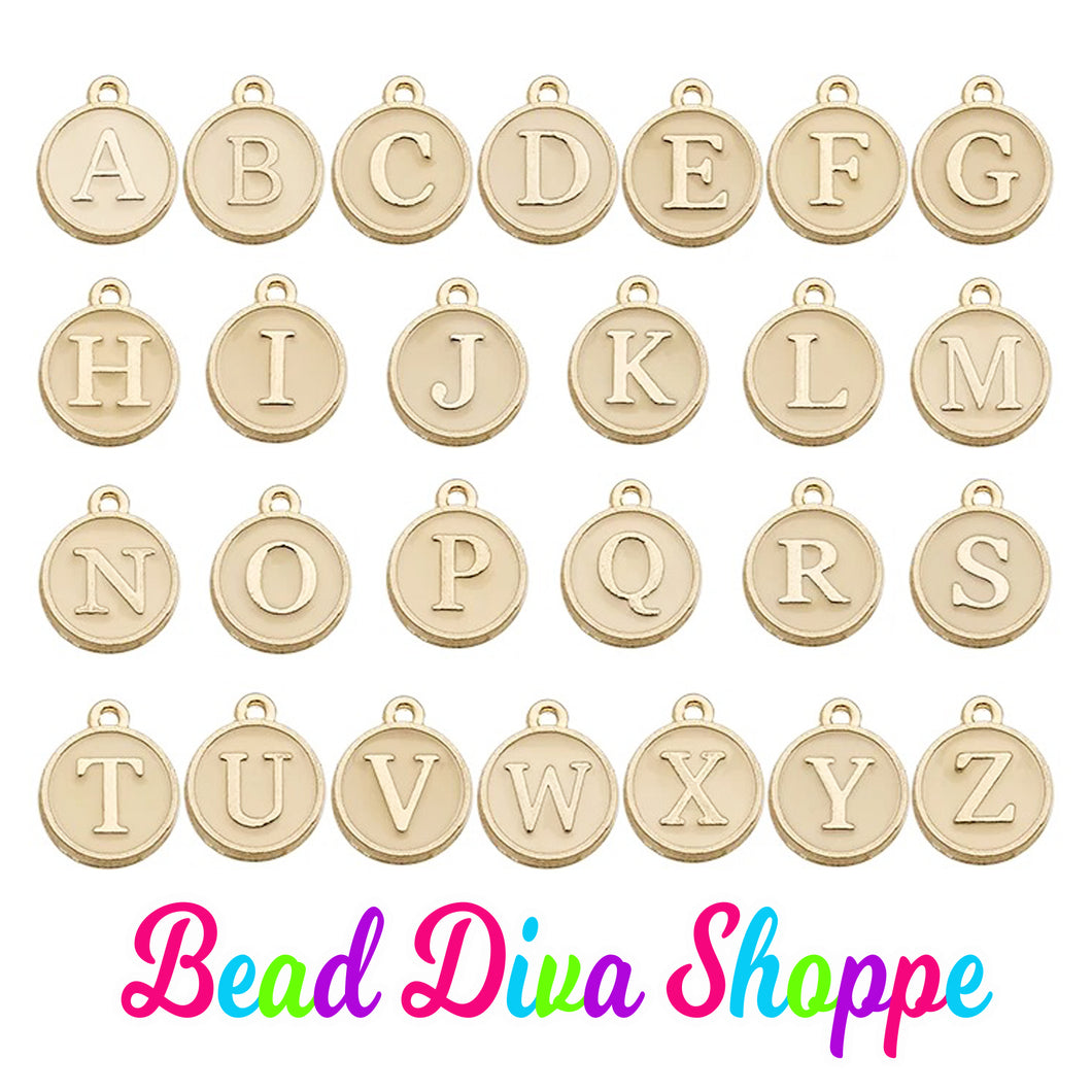 26pcs - Full ALPHABET - 12mm x 14mm - CHAMPAGNE Enamel A-Z Letter Charms - Alloy Metal - Diy - Jewelry Making Supplies