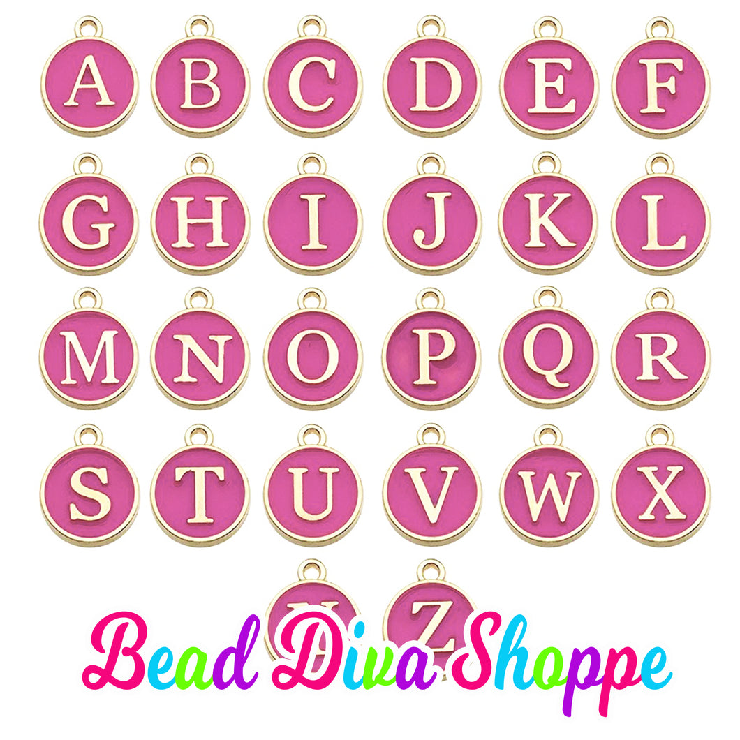 26pcs - FULL ALPHABET - 12mm x 14mm - HOT PINK Enamel A-Z Letter Charms - Alloy Metal - Diy - Jewelry Making Supplies