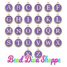 Load image into Gallery viewer, 26pcs - FULL ALPHABET - 12mm x 14mm - PURPLE -  Enamel A-Z Letter Charms - Alloy Metal - Diy - Jewelry Making Supplies (Copy)
