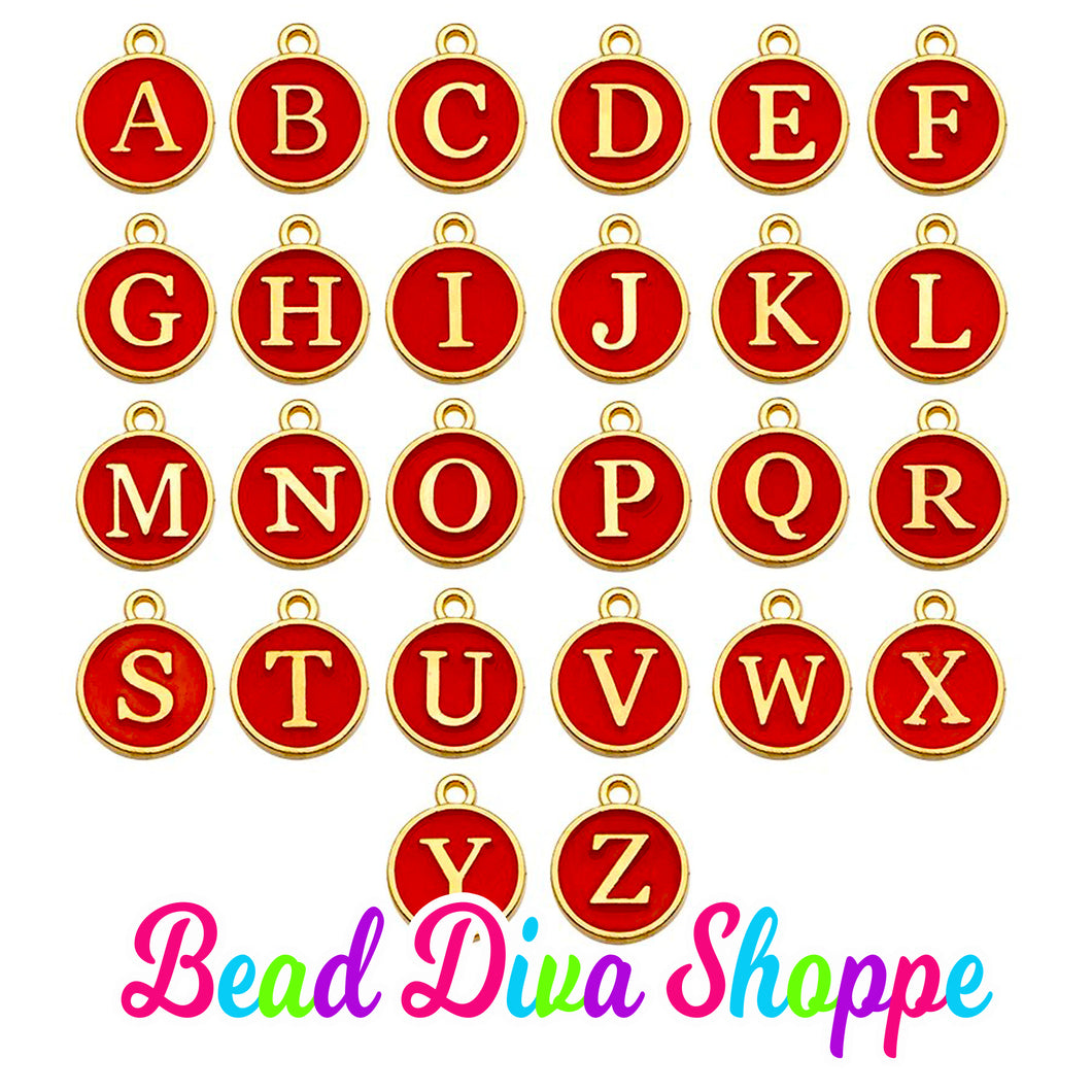 26pcs - FULL ALPHABET - 12mm x 14mm - RED - Enamel A-Z Letter Charms - Alloy Metal - Diy - Jewelry Making Supplies