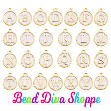 Load image into Gallery viewer, 26pcs - FULL ALPHABET - 12mm x 14mm - WHITE Enamel A-Z Letter Charms - Alloy Metal - Diy - Jewelry Making Supplies
