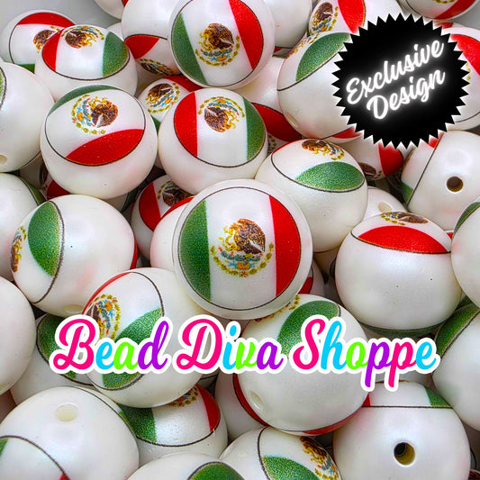EXCLUSIVE - Set of 10 - 20mm - MEXICAN FLAG - on White Acrylic Beads - Diy Jewelry Making - Beaded Pens - Keychains - Bracelets