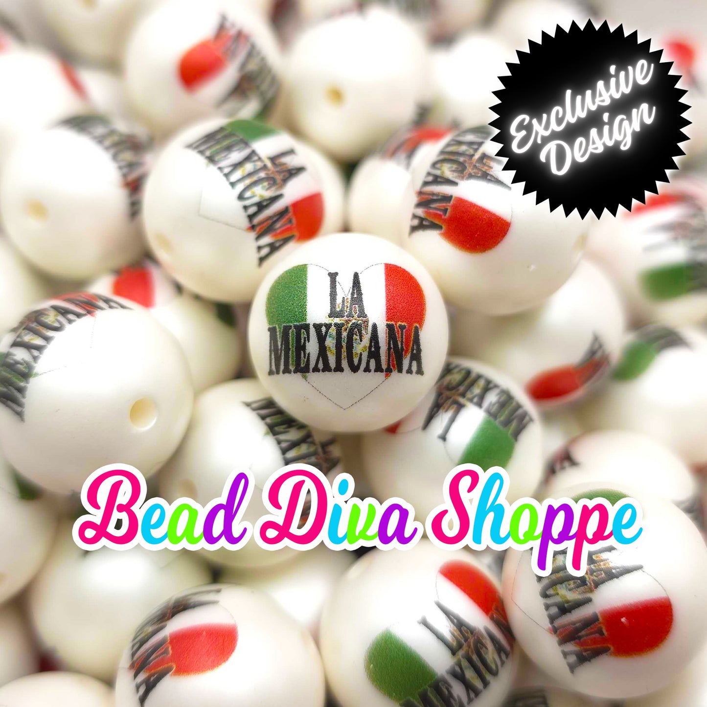 EXCLUSIVE - Set of 10 - 20mm - LA MEXICANA - on White Acrylic Pearl Beads - Diy Jewelry Making - Beaded Pens - Keychains - Bracelets