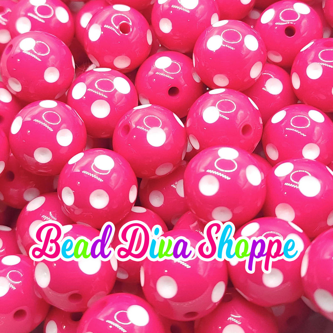 20mm - HOT PINK / WHITE Polkadots - Bubblegum - Round Acrylic Beads for Diy and Jewelry Making Supplies