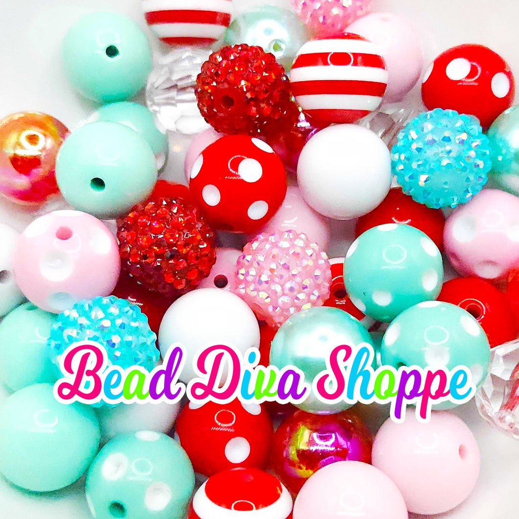 (Set of 24) - 20mm - PINK / RED / AQUA / WHITE  - Bead Mix - Bubblegum - Round Acrylic Beads for DIY and Jewelry Making Supplies