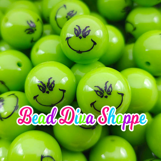 20mm - GRINCHY - CHRISTMAS - Mean One - Acrylic Beads- Bubblegum - Round Acrylic Beads for Diy and Jewelry Making Supplies