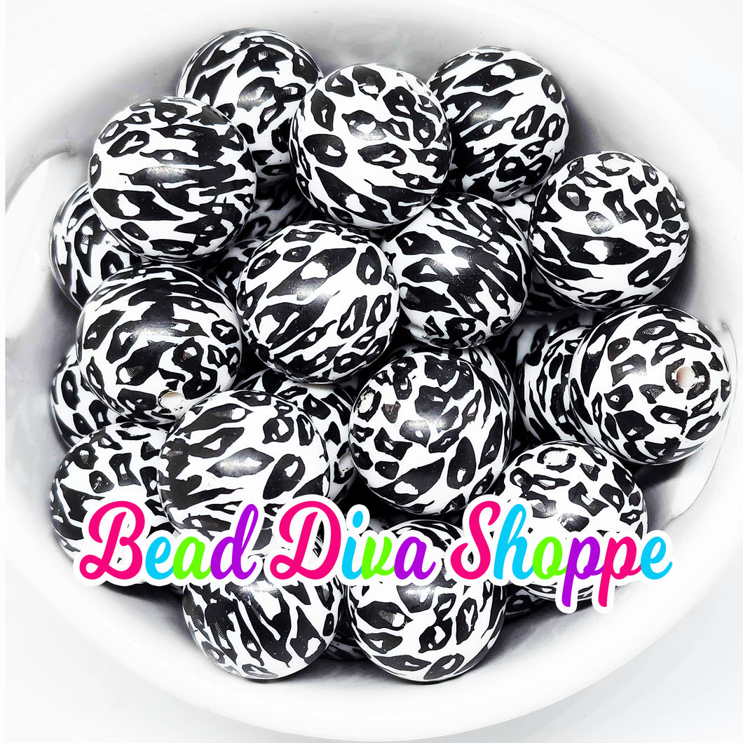 20mm -  WHITE / BLACK LEOPARD CHEETAH PRINT Beads - Round Acrylic Beads for DIY and Jewelry Making Supplies