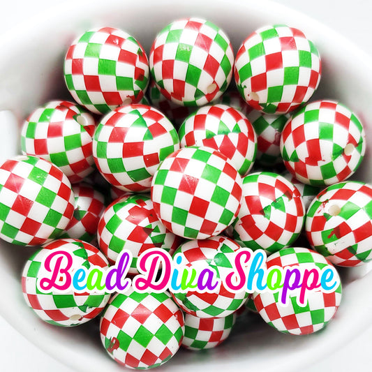 20mm - RED / WHITE / GREEN Jester Print Beads - Bubblegum - Round Acrylic Beads for Diy and Jewelry Making Supplies
