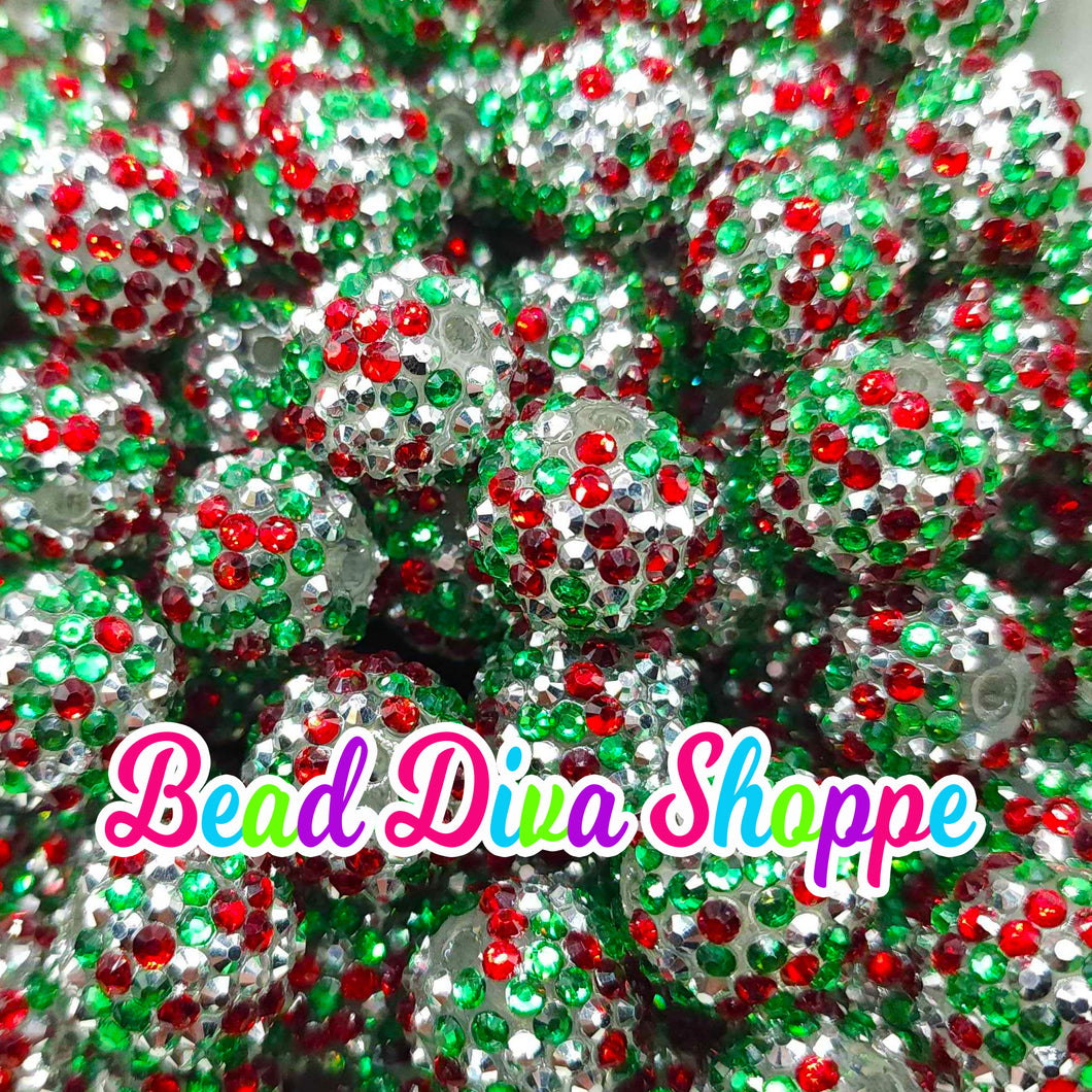 20mm - RED / GREEN / SILVER Mix - Christmas -  Rhinestone Beads - Bubblegum - Round Acrylic Beads for diy and Jewelry Making Supplies