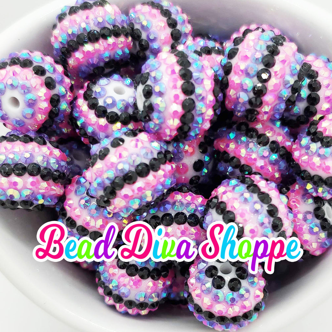 20mm - Hot PINK / BLACK / PURPLE Striped Rhinestone Beads - Chunky - Round Acrylic Beads for Diy and Jewelry Making Suppliesrint Beads - Bubblegum - Round Acrylic Beads for DIY and Jewelry Making Supplies