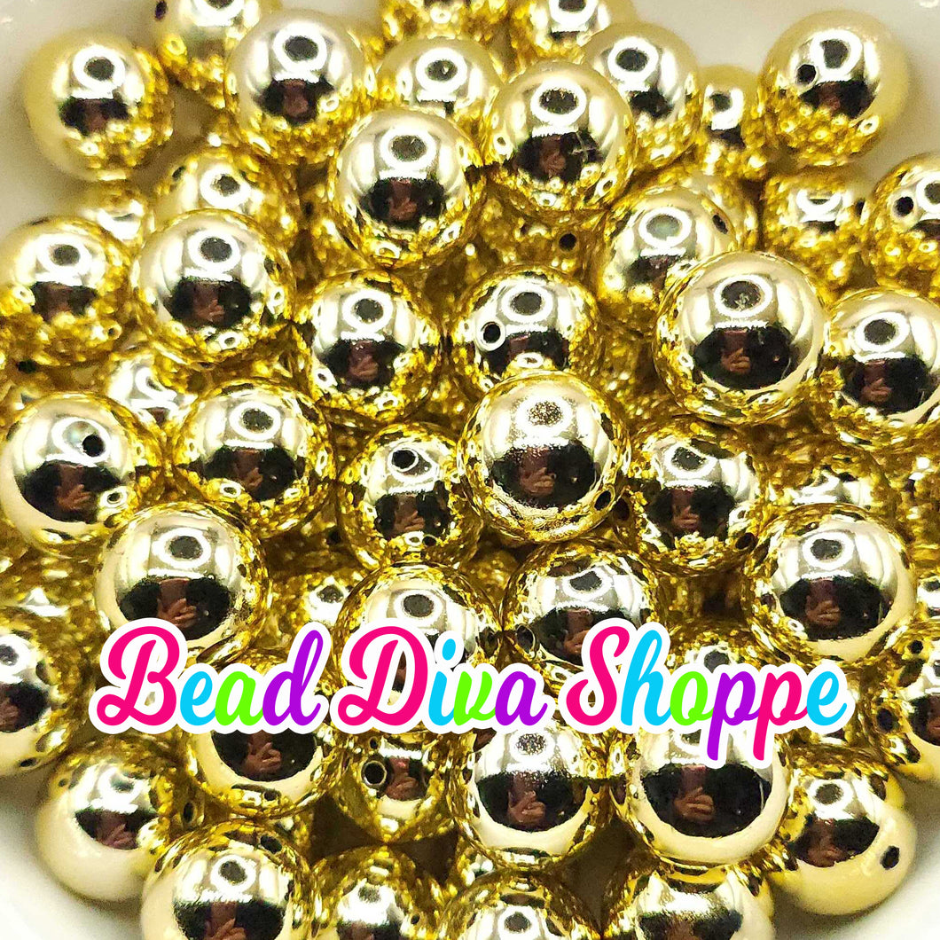 20mm - GOLD Shiny Beads - Bubblegum - Round Acrylic Beads for DIY and Jewelry Making Supplies