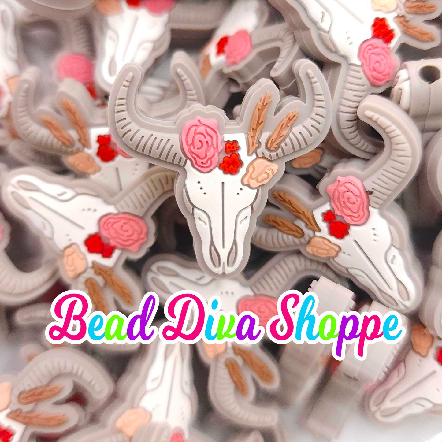 Set of 2 - 29mm X 29mm - FLOWER COW SKULL - Focal Beads - for Diy - Craft - Jewelry Making Supplies