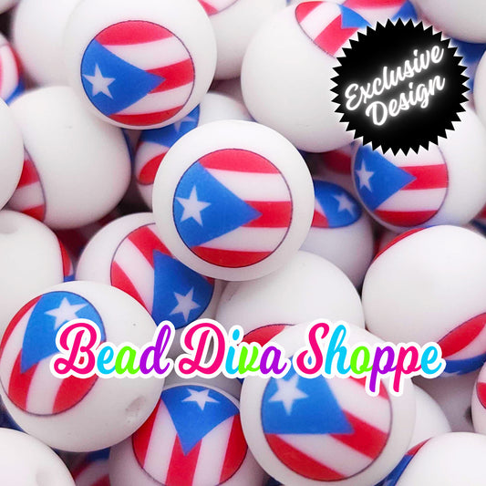 EXCLUSIVE - Set of 10 - 15mm - PUERTO RICO Flag - Printed Round Silicone Beads - Diy Jewelry Making - Beaded Pens - Keychains - Bracelets