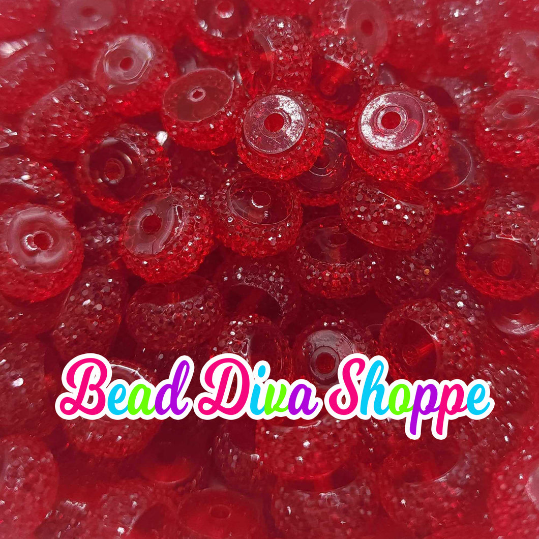 12mm - SET of 10 - RED -  Acrylic Rondelle Flat Rhinestone Spacer Beads - Round Beads for Diy and Jewelry Making Supplies