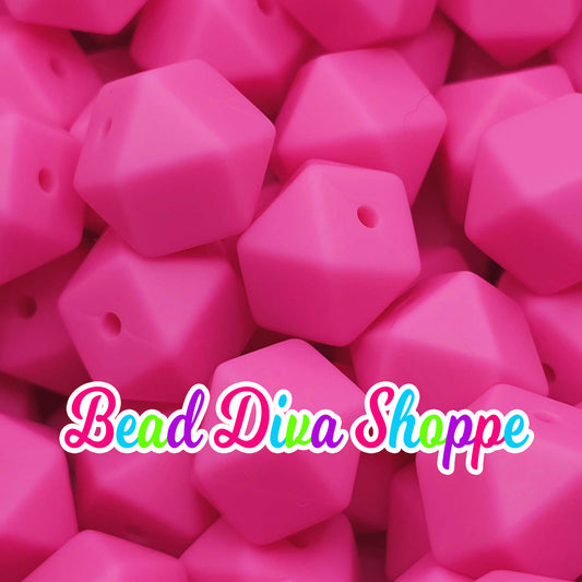 Set of 10 - 14mm - BRIGHT BUBBLEGUM PINK  Hex - Silicone Beads - for Diy and Jewelry Making Supplies