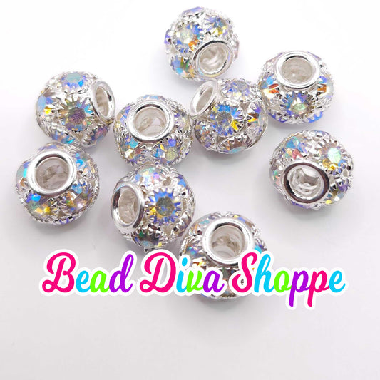12mm - SET of 5 - SILVER AB -  Big Holes Crystal Rhinestone Hollow Spacer Rondelles Bead for Diy and Jewelry Making Supplies
