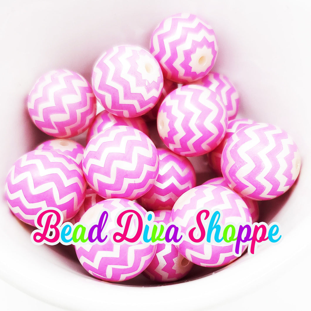 20mm - Hot Pink and White Pearl Zig Zag Beads - Bubblegum - Round Acrylic Beads for DIY and Jewelry Making Supplies