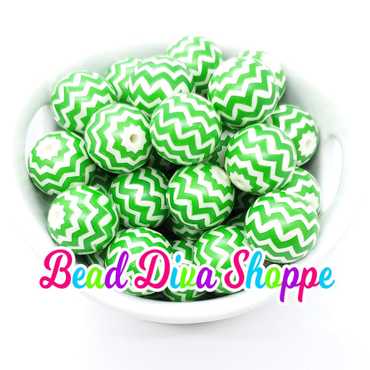 20mm- Medium Green and White Zig Zag Beads - Bubblegum - Round Acrylic Beads for DIY and Jewelry Making Supplies