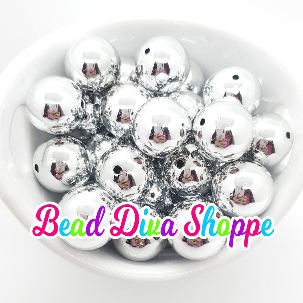 20mm - Silver Shiny Beads - Bubblegum - Round Acrylic Beads for DIY and Jewelry Making Supplies