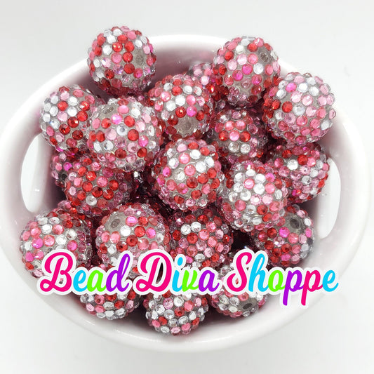 20mm - Mix of Red / Pink / Hot Pink / Clear Rhinestone Beads - Bubblegum - Chunky - Round Acrylic Beads for DIY and Jewelry Making Supplies
