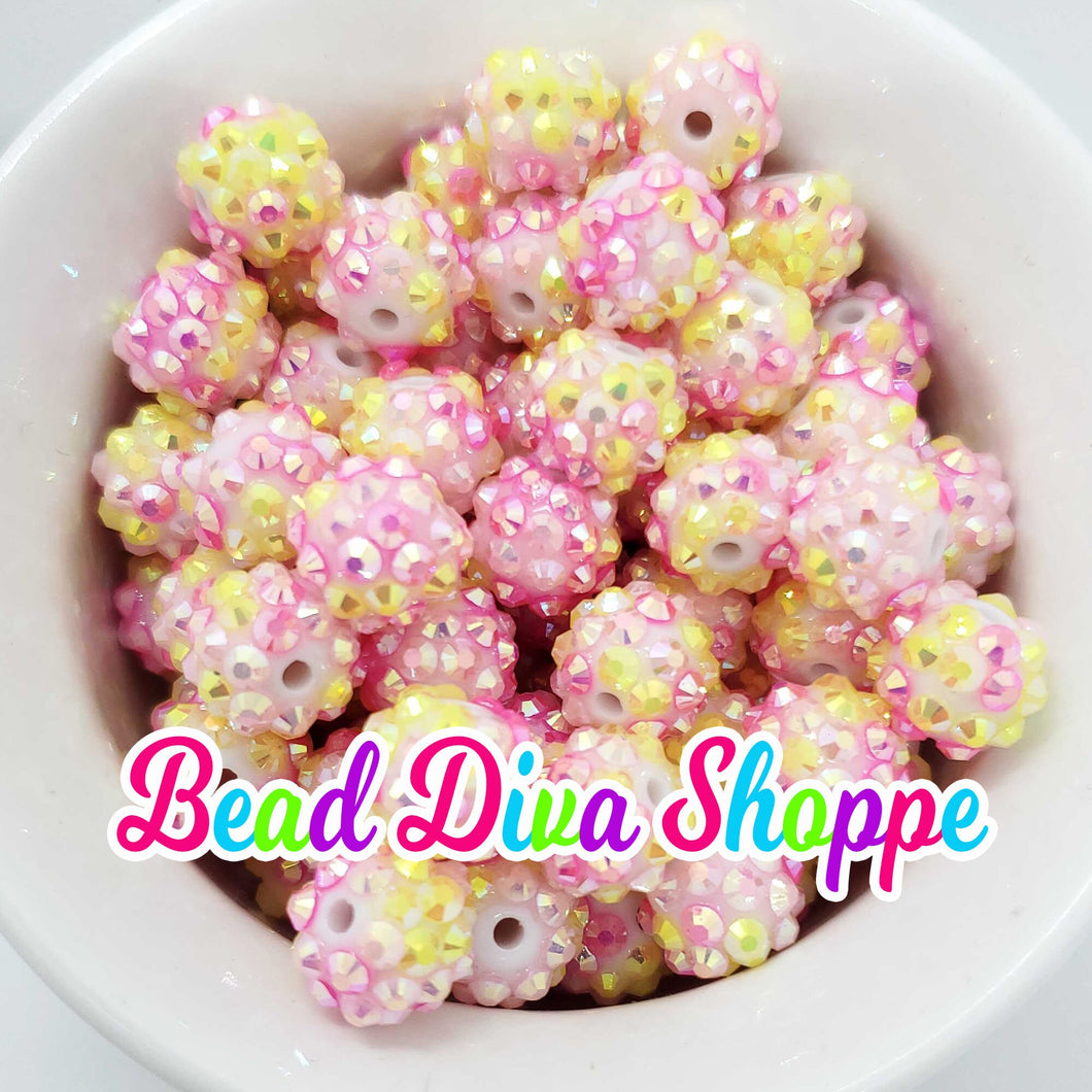 Set of 10 - 12mm- Hot Pink AND Yellow Rhinestone AB Beads - Bubblegum - Round Acrylic Beads for DIY and Jewelry Making Supplies